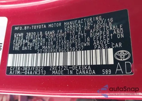 2016 Toyota Corolla S Plus из США, поврежденный, VIN 2T1BURHE8GC639227